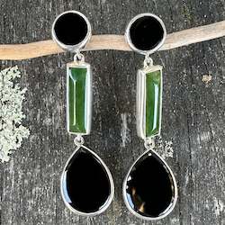 New Zealand Pounamu Greenstone: Black Onyx, NZ Greenstone, & Sterling Silver Earrings