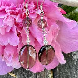 Earrings: Two tier smoky quartz , freshwater pearl and sterling earrings