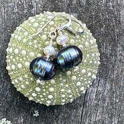 Earrings: Peacock and white freshwater pearl earrings