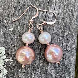 Earrings: Large pink and white freshwater pearl earrings