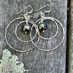 Earrings: Peacock freshwater pearls in double hoop earrings
