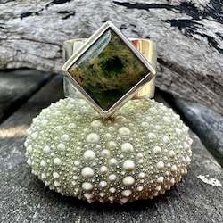 New Zealand Pounamu Greenstone: Marsden flower sterling silver wide band ring