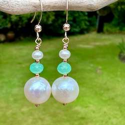 Earrings: White freshwater pearl and chrysoprase earrings