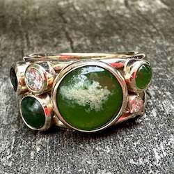 New Zealand Pounamu Greenstone: 9ct Gold, Pounamu, sapphire, and diamond “Sky Full of Stars” ring
