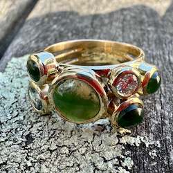 New Zealand Pounamu Greenstone: 9ct Gold, pounamu, diamond and sapphire sky full of stars ring