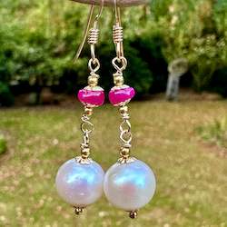 Earrings: Freshwater pearl &ruby earrings