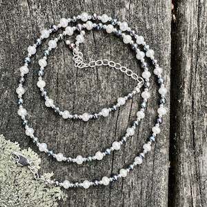 925 Silver: Tiny white and peacock freshwater pearl necklace