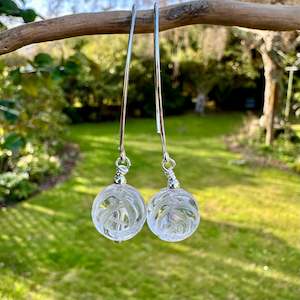 925 Silver: Carved rock crystal rose earrings