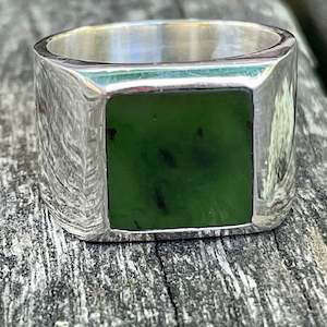 Mens Jewellery: Heavy Marsden Flower Signet Ring, New Zealand Greenstone