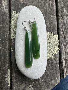 All Pounamu: long kawa kawa NZ greenstone drop earrings