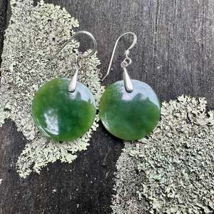All Pounamu: round flat new zealand greenstone drop earrings